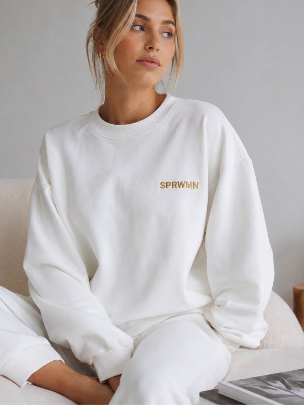 SPRWMN White Fleece Crewneck Sweatshirt XS Gold Logo Luxe Minimalist